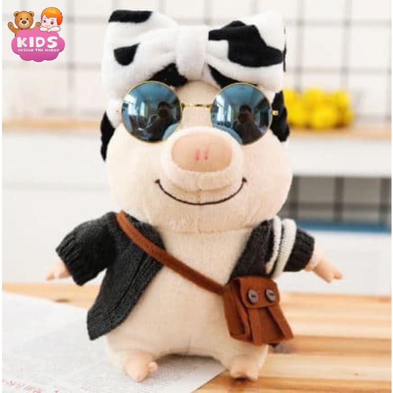 Dressed Pig Plush With Cow Bow - Animal plush